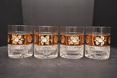 SET 4 Antique Moser Bohemian Glass Hand Painted Gold Enameled CUT Tumblers Glass • $300.10