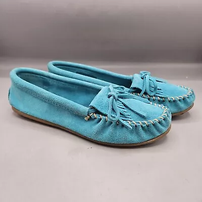 Minnetonka Kilty Moccasins Leather Suede Women SZ 10 Fringe Hard Sole Slip-On • $29.99