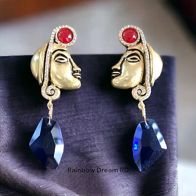 Vintage Design Native American Indian Woman Face Statement Earrings Gold Plated • £41.69