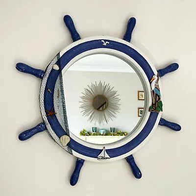 Ships Wheel Wall Mirror 60cm Novelty Wood Nautical Boat Bathroom Decoration Gift • £34