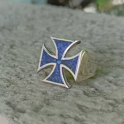 925 Silver Maltese Cross Ring - Reconstituted Stone  Lapislazuli Stone -Handmade • $119