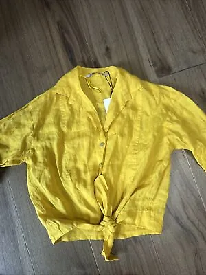Zara Yellow 100% Ramie Tie Waist Cropped Blouse Small NWT #g2 • $35.99