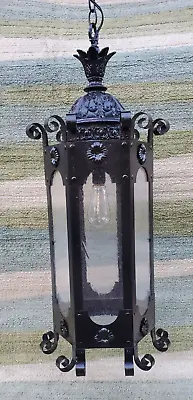 Vintage Spanish Revival Gothic Wrought Iron Hanging Light HandBlown Glass Panels • $199.98