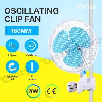 2 Speed Clip Desk Fan 160mm Quiet Vertical 6  Oscillating Fan Fit Grow Tent Pole • $36.95