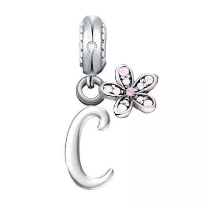 Letter C Name Initial Pink Daisy Flower Charm 💜 Genuine 925 Sterling Silver • £15.99