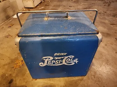 Vintage 1940's To 50s PEPSI Blue White PEPSI-COLA Soda Metal Cooler Double Dot  • $250