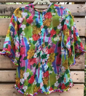 Handmade Vintage Wm's Med.? 40  Bust Semi-Sheer Floral Ruffled Blouse Top Zip Bk • $26.39