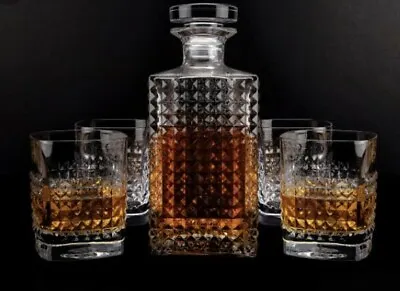 Vintage Scotch Whiskey Decanter Glass 750ml Set Of 5PC (1 Bottle And 4 Tumblers) • $82