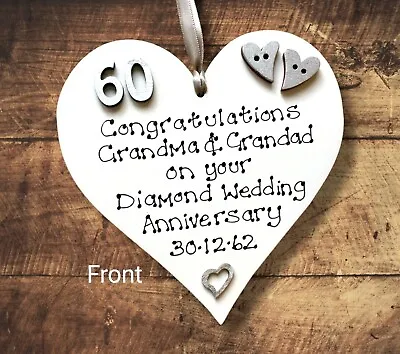 £11.95 • Buy Personalised Diamond 60th Wedding Anniversary Gifts Wooden Heart Congratulations