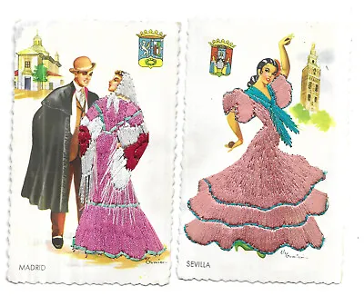 £3.50 • Buy Two Spanish Silk Postcards - Girls In Traditional Dress - Madrid & Sevilla