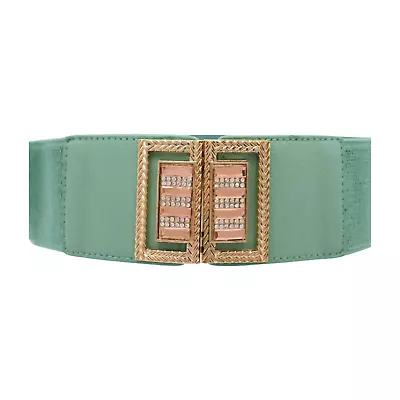 Women Teal Blue Elastic Party Fashion Outfit Belt Gold Bling Square Buckle S M • £13.46