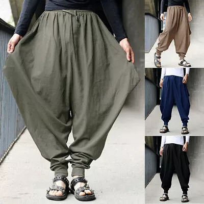 Men Cotton Linen Pants Harem Loose Pants Low Drop Crotch Wide-Leg Long Trousers❤ • $18.74