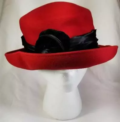 Amanda Smith Red Wool Fedora Hat Black Ribbon Trim Italy Outdoor Formal Winter • $26.97