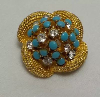 Vintage Raised Rhinstone / Gemstone Brooch Gold Tone Turquoise Crystal Color • $13.87