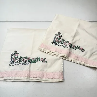 Vintage Embroidered Pillowcase Standard Pair Set Pink Flower Lace Edge • $14.99