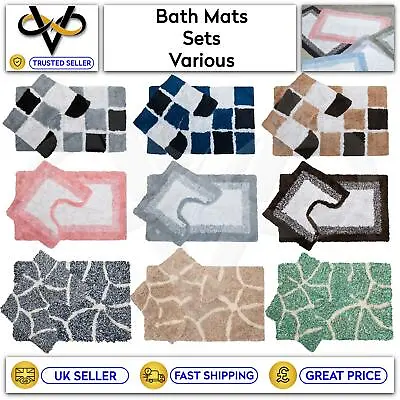 £8.99 • Buy Bath Mat Sets Pedestal Mat Bathroom Toilet Rugs Anti Slip Spray Back 100% Cotton