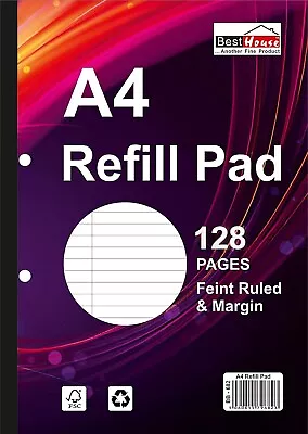 A4 Refill Pad 128 Pages Feint Ruled And Margin Pad Head Bound And Punched • £5.99