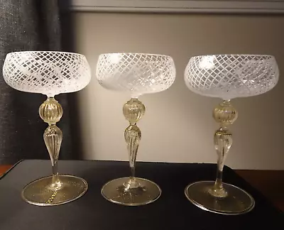 RARE Set Of 3 Murano Art Glass White Filigrana Reticello Gold Leaf Wine Goblets • $562.50