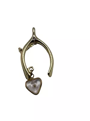 Vintage Gold Lucky Wish Bone Religious Dangle Heart Mustard Seed Brooch Pin 60’s • $10.99