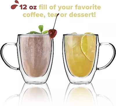 (2) Kitchables Double Walled Thermo Insulated Handled Cups Glass Coffee 12 Oz. • $20