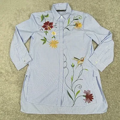 Zara Tunic Blouse Womens Extra Small Blue Stripe Embroidered Flower Bird Shirt • $19.95