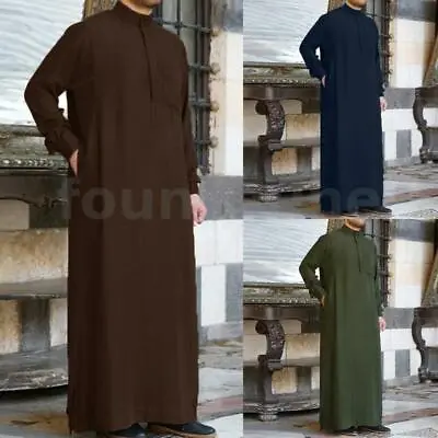 Mens Muslim Thobe Saudi Arab Long Sleeve Islamic Jubba Kaftan Tunic Top Pocket • £11.74