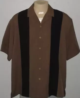 Retro 2-Tone Panel Hipster Lounge Brown Button-Front Bowling Shirt Men 2XL • $19.98