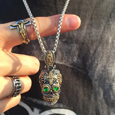 $12.99 • Buy Sugar Skull Head Men Boy Necklace Pendant Mexican Day Of The Dead Gift Box Chain