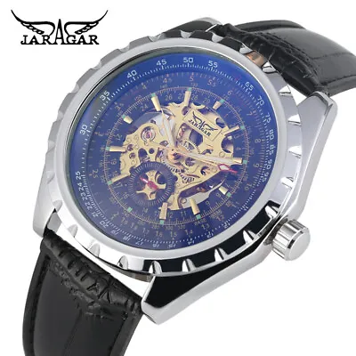 Jaragar Luxury Men's Skeleton Automatic Mechanical Wrist Watch Leather Bangle • £22.09
