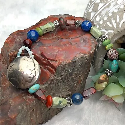 Vintage Turquoise Sterling 925 Indian Head Nickel Southwestern Beaded Bracelet • $28