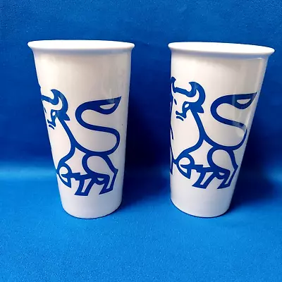 Pair 2 Merrill Lynch Tall Heavy Travel Mugs Cups White Blue Bull Wall St 12 Oz • $29.97