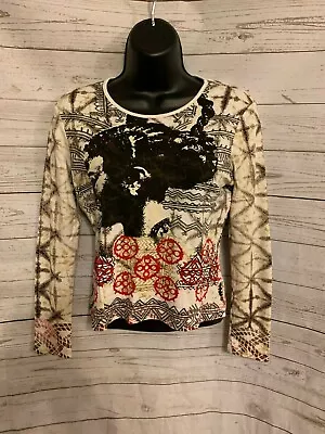 Mexx Women’s Long Sleeve T-Shirt Crew Neck Indian Pattern Ivory / Brown Size M • $19.99