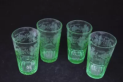 $125 • Buy Set Of Four Val St Lambert Theodule Green Vaseline/Uranium Tumblers Etched