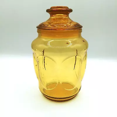 Vtg L.E. Smith 7  Tall Apothecary Candy Canister Jar With Lid Amber Bubble Glass • $24.99