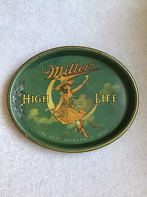 1940’s MILLER HIGH LIFE LADY ON CRESCENT MOON OVAL BEER SERVING TRAY RARE GREEN • $195