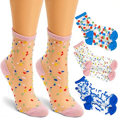 3 Pairs 3 Sheer Confetti Print Patterns Transparent Ankle Socks For Womens 12.3  • $8.99