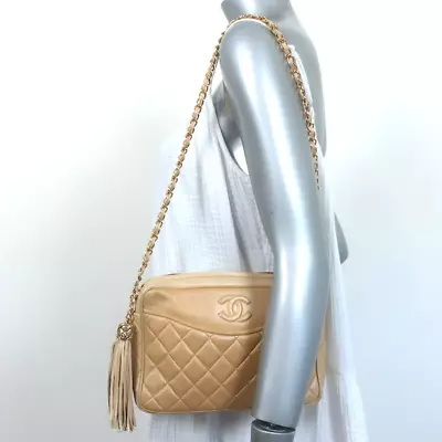 Vintage Chanel Quilted Tassel Camera Bag Beige Leather Chain Strap Shoulder Bag • $1995