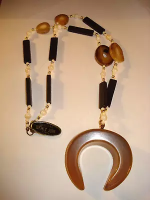 Vintage  Beaded Wood~ Genuine Buffalo Horn Pendant Necklace  Japan  80's • $22.50