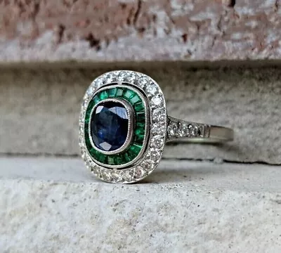 Art Deco Lab-Created Diamond & Emerald With Sapphire Halo White Gold Plated Ring • $74.74