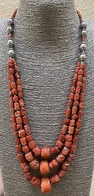 Vintage Red Mediterranean Coral Trade Bead Triple Strand Necklace • $1795