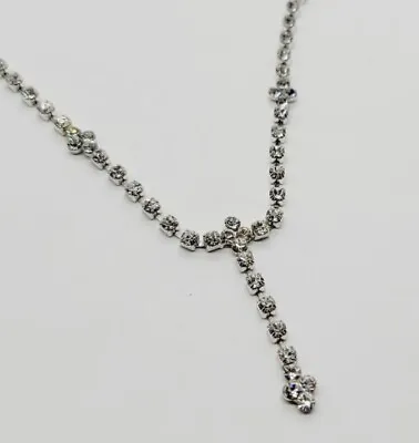 Vintage Crystal Rhinestone Necklace Y Drop Delicate Silver Tone 18 In • $13.50