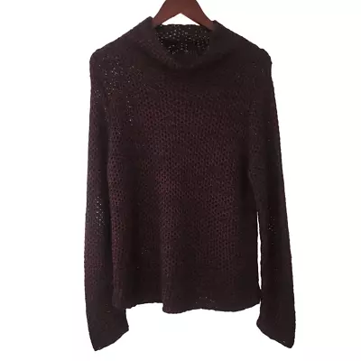 Anne Klein Sweater Size Large Maroon Black Mohair Funnel Neck Open Knit Net Boho • $12.49