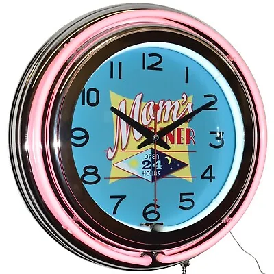 15  Mom's Diner Open 24 Hours Double Neon Clock Kitchen Diner Decor (Pink) • $119.95