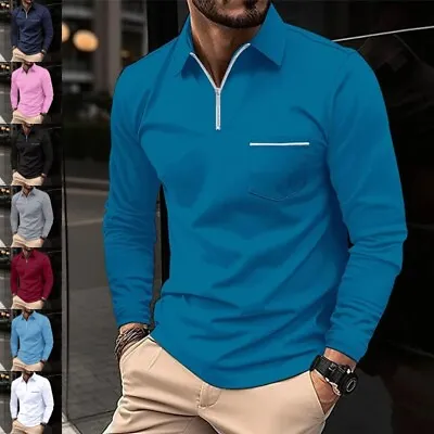 Mens Polo Shirt 1/4 Zip T-shirt Men's Fashion Long Sleeve Golf Sport Tops Casual • £13.99