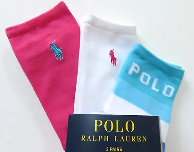 Polo Ralph Lauren 3 Pairs Ladies White Pink Ankle Socks NEW Womens Casual • £29.95
