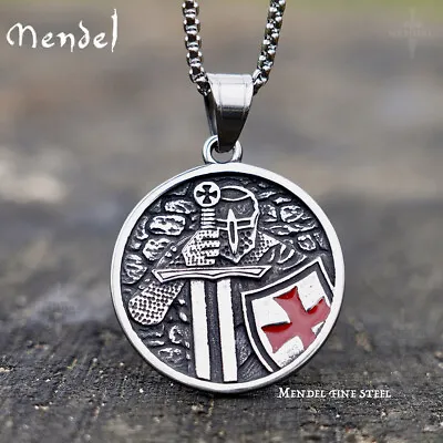 MENDEL Mens Stainless Steel Knights Templar Cross Shield Pendant Necklace Chain • $14.99