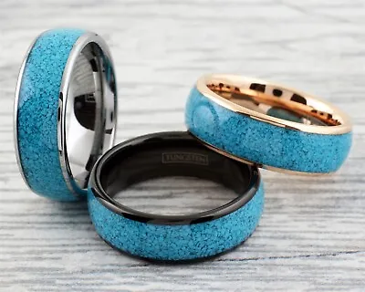 8mm Silver Black Or Rose Gold Plated Tungsten W/ Crushed Turquoise Men's Ring • $19.99