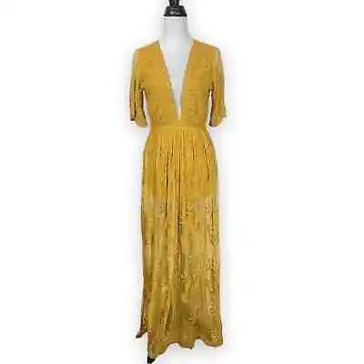 Honey Punch Small Women's Yellow Romantic Lace Overly Boho Maxi Dress Romper • $59.99