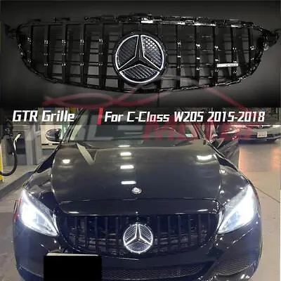 Shiny Black GTR Style Grille W/LED Emblem For Benz C-Class W205 15-18 C180 C350 • $129