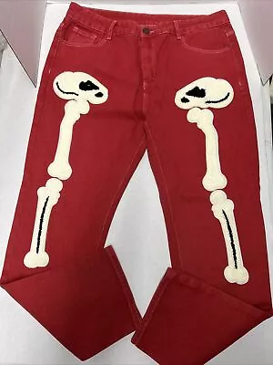 Skeleton Print Embroidery Red Men’s Jeans Size 38 Unbranded • $15